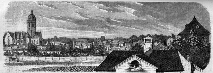 View of the district of the city of Kastrich, in Mainz (Germany), before the explosion of the powder keg in 1857. From a photograph. Engraving in Le Monde Illustré n°36 of 19 December 1857.