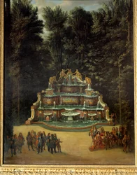 View of the fountain of the Water Buffet in the gardens of the Grand Trianon in 1713. In the foreground: Louis XIV at the Promenade