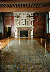 View of the Tiled Floor and Fireplace in the Great Hall