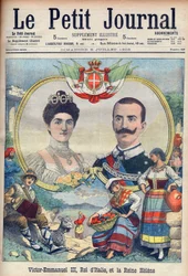Vittorio Emanuele III di Savoia and Elena di Savoia - King Victor Emmanuel III and Queen Elena of Italy. Victor Emmanuel III, King of Italy, and Queen Helene. Illustration for Le Petit Journal, 5 July 1903