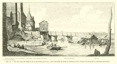View of the Towers of the Palace and the Temporary Footbridge, after the Fire of the Pont au Change in 1621, after a drawing from the Bonnardot Collection