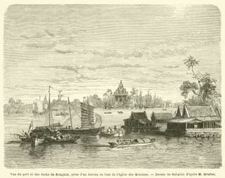 View of the port and docks of Bangkok, taken from a boat in front of the Missions Church