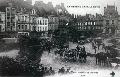 War in the North: London buses of the British Expeditionary Force in the main square at Bethune in 1915