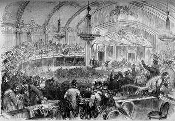 War of 1870 - Legislative Election During the Armistice - February 1871: Election Meeting at the Cabaret des Folies Bergeres in Paris for the Proclamation of Candidates for the National Assembly. Engraving in 