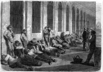 War of 1870: Parisians lining up in front of the Ministry of Finance to subscribe to the national loan to finance the war. Scene depicting the day before the opening of the windows