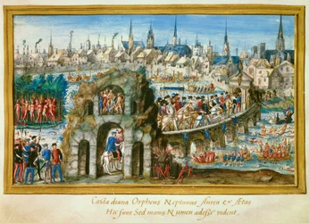 Water shows organized by the city of Rouen on the occasion of the royal entrance of King Henry II and Catherine de Medicis on 1/10/1550. Reconstitution on the left of a village of Indians in Brazil