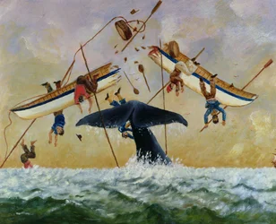 Whale knocking fishermen out of the water