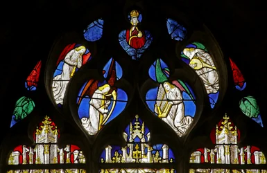 Window depicting Angel Musicians with Shawm, Harp, Organ and Lute