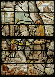 Window depicting Noah making a Sacrifice, the Ark on Mount Ararat and a rainbow
