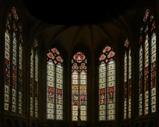 Window depicting a view of east chapel: the central three windows are modern but the others belong to the late thirteenth century