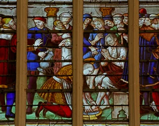 Window depicting the Pious and Charitable acts of Saint Louis undergoing flagellation