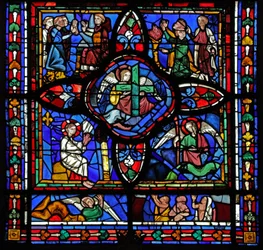 Window depicting the first section of window w7; At the centre are Relics of the Passion (the Cross and Spear); elsewhere are disputing monks and interpolated panels of the Last Judgement