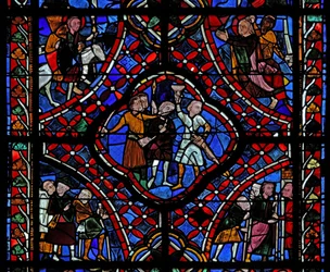 Window depicting the fourth section of the St James window: A group of pilgrims; A scene from the legend of the hidden cup; the martyrdom of Saint