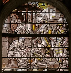 Window w10 depicting the Adoration of the Magi (designs by Durer and adaptations of the Master of Des designs for the Story of Psyche)