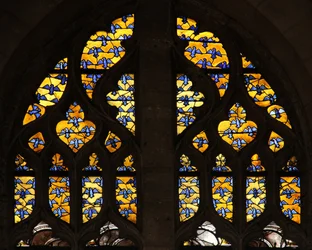 Window depicting heraldic eaglets of the Montmorencys coat of arms