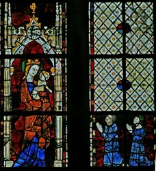 Window depicting the Virgin Mary; two donors