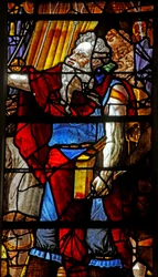 Window depicting Moses Organizes the Collecting of the Manna (some figures are copies of Michelangelo figures)
