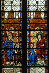 Window w17 depicting St Nicholas and the donor Oudin de Troyes; St Anne and the Virgin Mary
