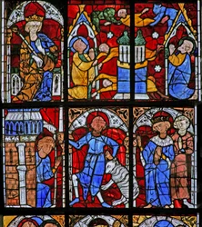 Window depicting a scene from the life of St Peter: Simon Magus tries to fly; changes himself into a sheep