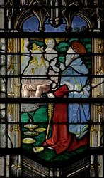 Window depicting St Anthony: tempted by three women
