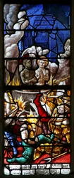 Window w23 depicting St Crepin and St Crepinian: in boiling oil