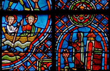 Window depicting St Julian Hospitalier meets Christ on the other side of the river every night
