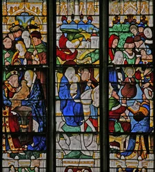 Window depicting the Flight into Egypt, In the Temple with Simeon, Christ with the Doctors in the Temple