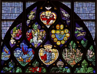 Window depicting the Trinity; the Virgin Mary as a Child; the Assumption