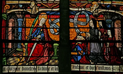 Window depicting a donor - Catherine Boucheret with family and St. Catherine