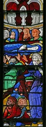 Window w4 depicting the Funeral of the Virgin Mary; attempt to overturn coffin