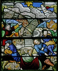 Window w5 depicting a scene from the Book of the Revelation of St John: a star falls to earth: 5th angel