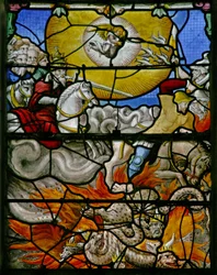 Window w5 depicting a scene from the Book of Revelation: the white horse True