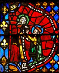 Window depicting a scene from the Life of the Virgin Mary: Joseph asks the Virgin Mary