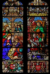 Window depicting the Nativity with Shepherds; donors look on