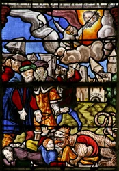 Window w7 depicting a scene from the Book of Revelation: the sword of truth; beast and prophet are taken