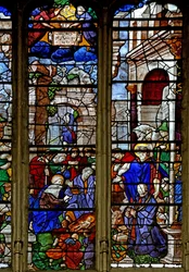 Window depicting the Adoration of the Shepherds; the Donor, Baurot and St Roche