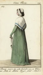 Woman in striped dress with kerchief shawl