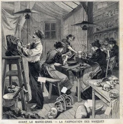 Workshop to manufacture masks for the disguises of the Mardi Gras festival. In Le Petit Parisien on 14/02/1897