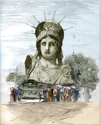 World Exhibition 1878 in Paris: the head of the Statue of Liberty by Frederic Auguste Bartholdi. Engraving by Edgard Morin from 