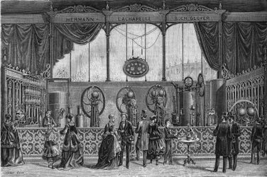 World exhibition of 1867: gas water appliances invented by Hermann Lachapelle and Glover. Engraving in Le Monde Illustré n°578 of 9 May 1868