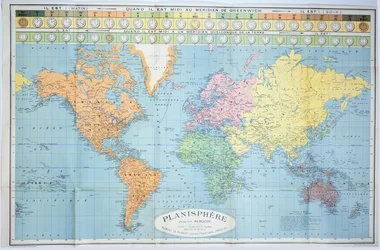 World map of the different time zones, published by Blondel La Rougery in Paris c.1920