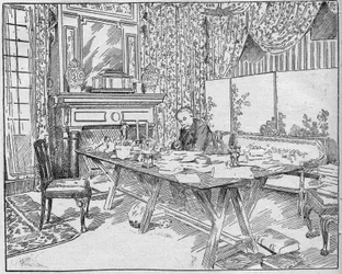 Writer Alexandra Dumas Jr. (1824-1895) in his work cabinet. Engraving in 