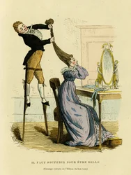 You have to suffer to be beautiful. Satirical drawing on which a hairdresser climbs on a scaffold to prepare a woman