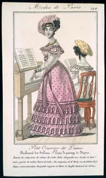 Young Woman in a Pink Organdie Dress Trimmed with Black and a Crepe Beret with Satin Ribbons, Advertisement from Modes de Paris, c.1825