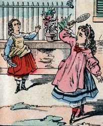 Young girls playing battledore and shuttlecock, early game similar to badminton (engraving)
