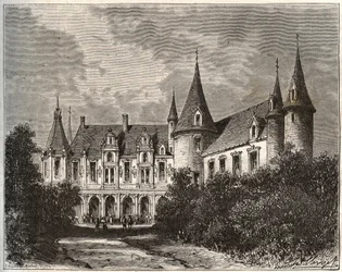 Chateau du Rocher a Mezangers en Mayenne - engraving in 