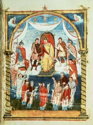 King Charles II Receiving a Bible from Count Vivian and the Monks of Saint-Martin de Tours, from the First Bible of Charles the Bald