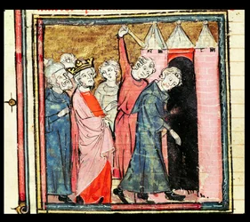 Charles Martel Looks After Punishment and Banishment of Two Men, from the Grandes Chroniques de France, 1375-79