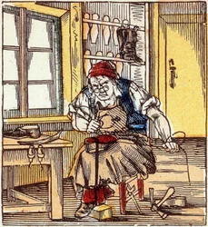 Profession: shoemaker repairing a sole, end of 19th century