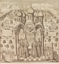Feodor III, Peter I, Ivan V and Patriarch Adrian I. From Das veraenderte Russland, 1721
